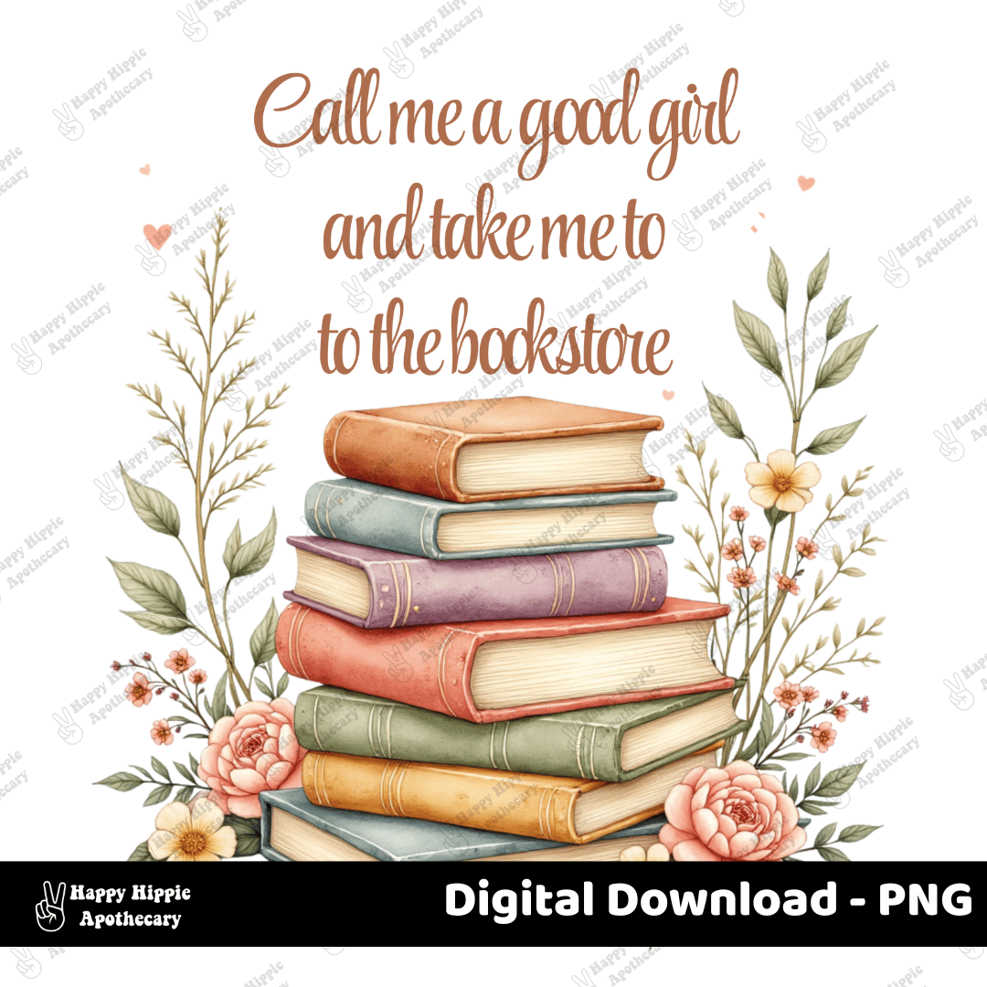 Transparent background PNG of watercolor book stack and floral design with romantic reader quote. Ideal for stickers, shirts, and bookish crafts.