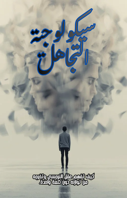 غلاف كتاب سيكولوجية التجاهل، يُظهر شخصًا يقف أمام انعكاسات لوجوه متعددة ترمز لعقل النرجسي والتشتت النفسي.