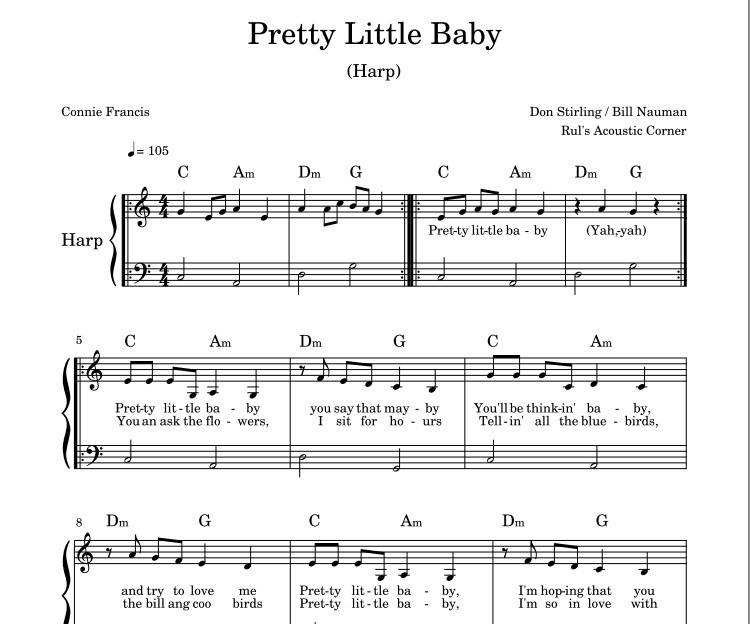 Connie Francis - Pretty Little Baby (Easy Harp Sheet Music)
