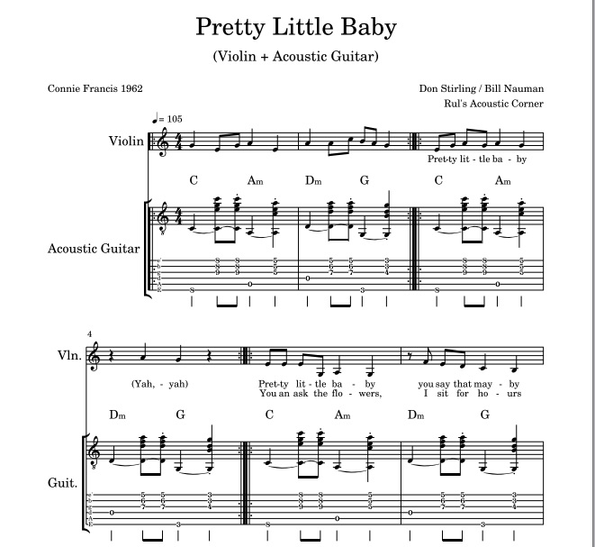 Connie Francis - Pretty Little Baby (Easy Violin Sheet Musical Notes + MP3 Audio)
