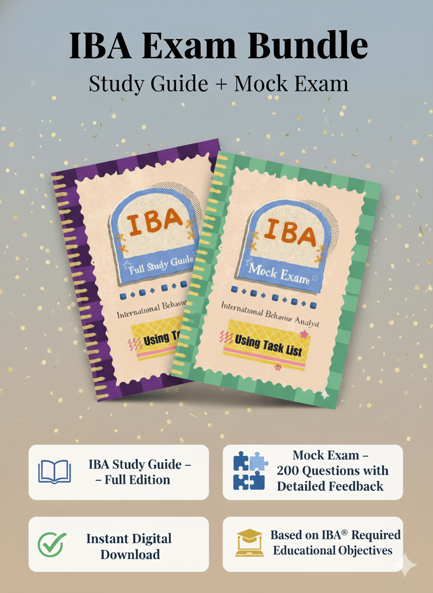 International Behavior Analyst IBA® exam prep bundle cover - study guide and mock exams - ABA Practice