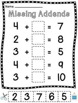 Missing Addends Worksheets Cut Sort Paste Activities