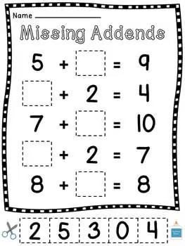 Missing Addends Worksheets Cut Sort Paste Activities