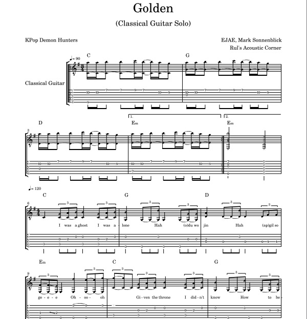 KPop Demon Hunters - Golden (Classical Guitar Solo PDF sheet music notes tabs + Mp3 Audio)