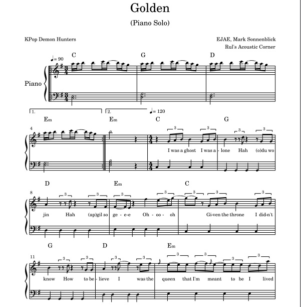 KPop Demon Hunters - Golden (Piano Solo - Golden - Huntrix KPop Demon Hunters sheet music + Mp3 Audio) Download