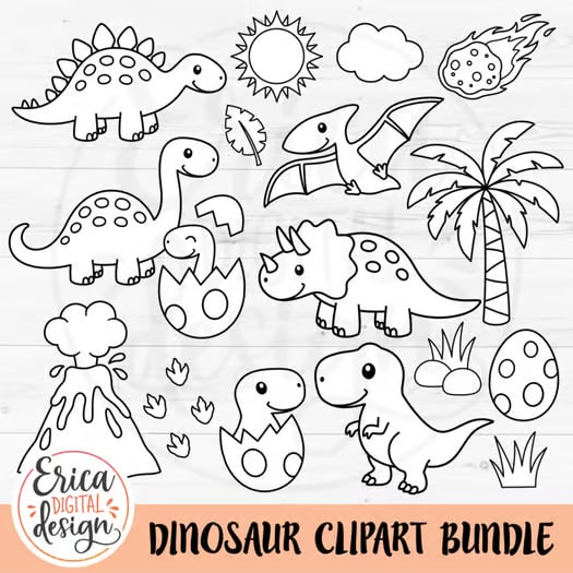 Dinosaur Clipart Bundle - 17 clip arts - Cute Dinosaurs - Black White included