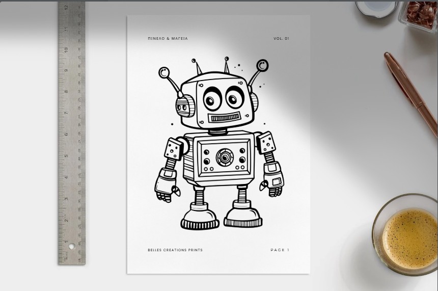 Χρωμοσελίδες για παιδιά με ρομπότ, γρανάζια και μηχανικά σχέδια από τη σειρά Πινέλο και Μαγεία