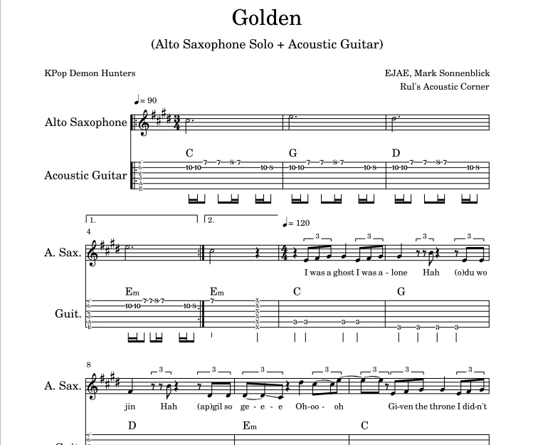KPop Demon Hunters - Golden (Alto Saxophone Solo + Acoustic Guitar sheet music Tabs)