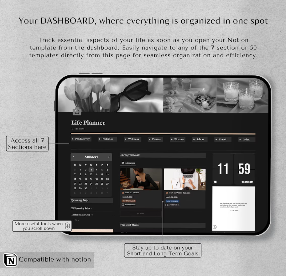 Notion Template - ALL IN ONE | Life Notion Planner Dashboard | Dark ...