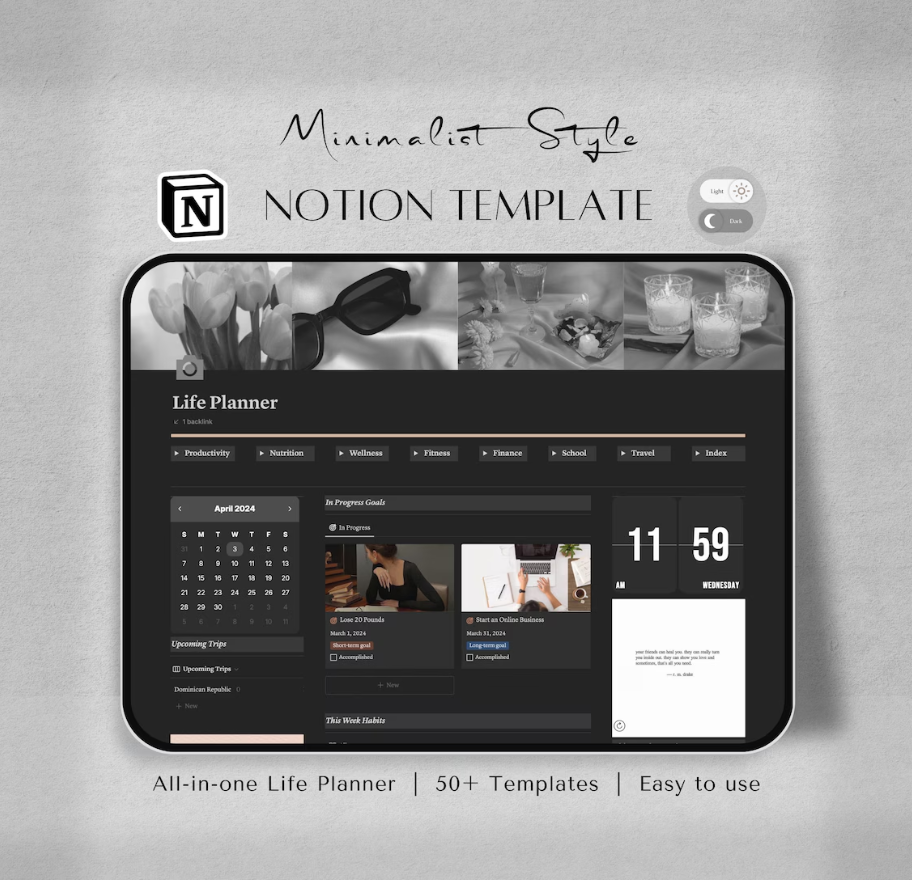 Notion Template - ALL IN ONE | Life Notion Planner Dashboard | Dark ...