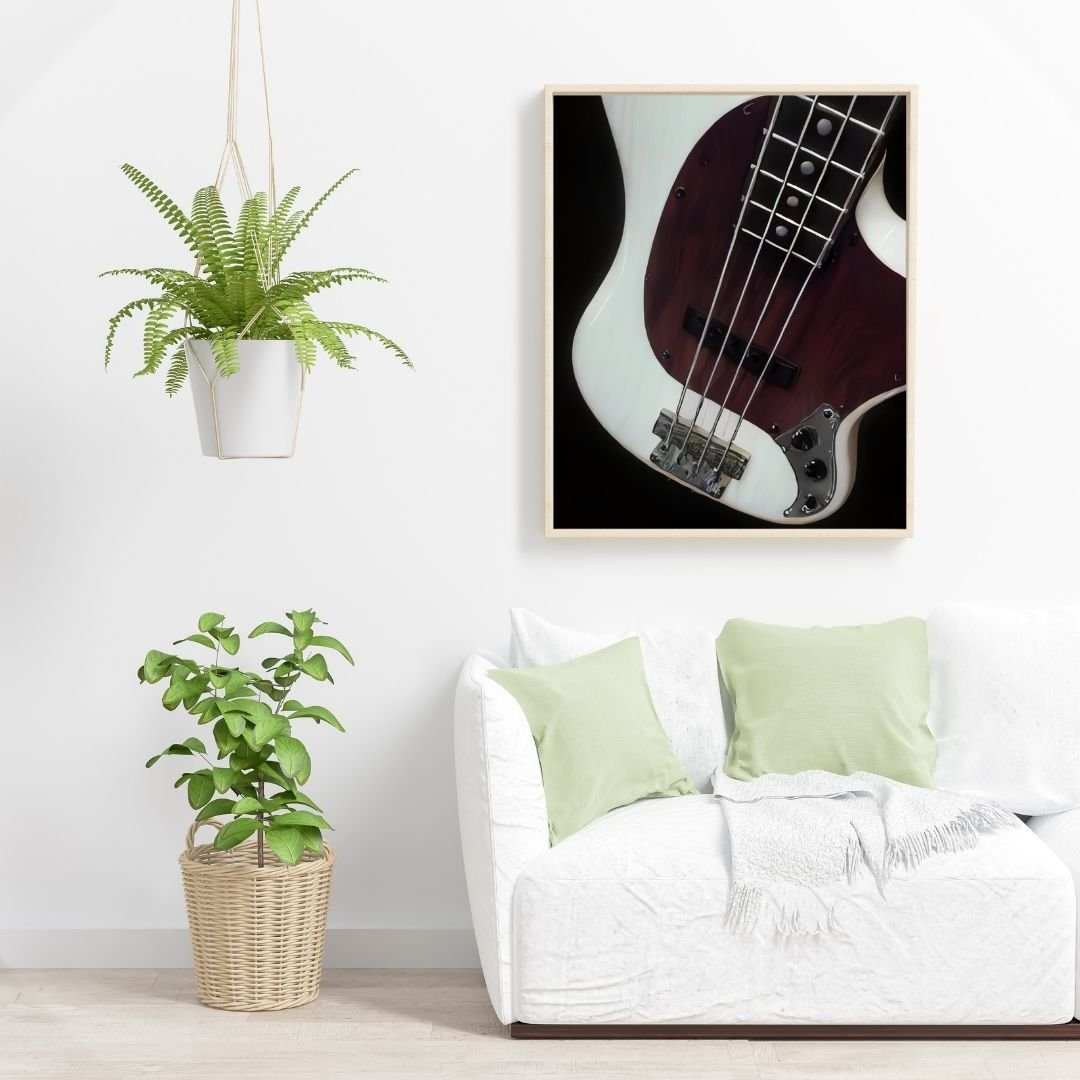Vintage bass guitar poster featuring a classic electric bass in artistic detail, designed as stylish wall art for music lovers, musicians, and bass players. Perfect for decorating a home studio, music room, or living space with a vintage, retro vibe. This