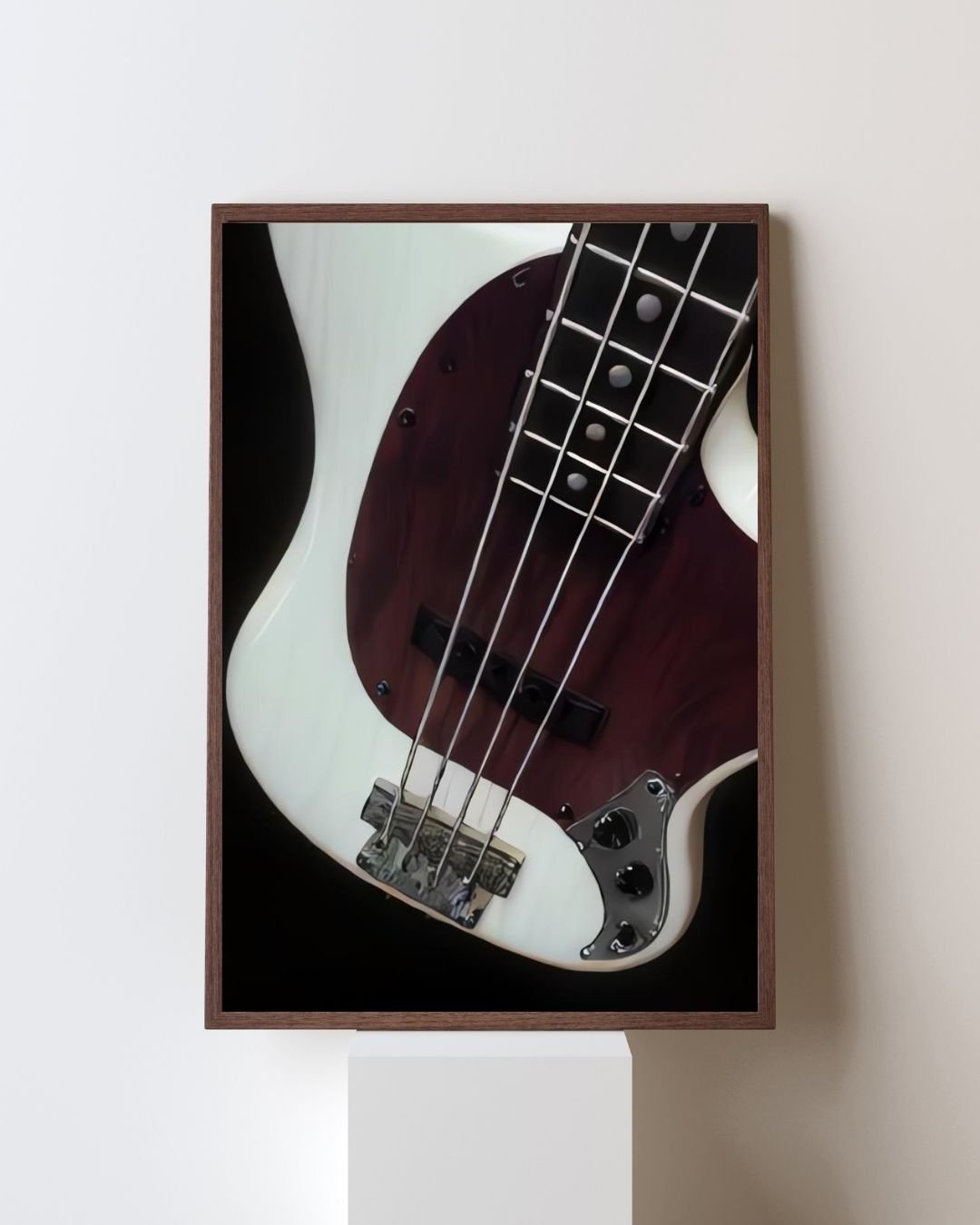 Vintage bass guitar poster featuring a classic electric bass in artistic detail, designed as stylish wall art for music lovers, musicians, and bass players. Perfect for decorating a home studio, music room, or living space with a vintage, retro vibe. This