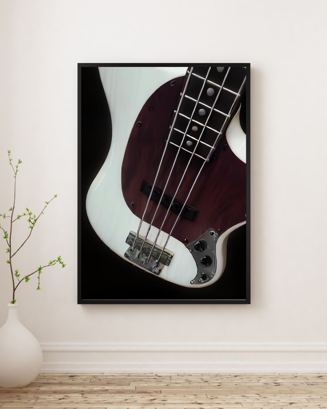 Vintage bass guitar poster featuring a classic electric bass in artistic detail, designed as stylish wall art for music lovers, musicians, and bass players. Perfect for decorating a home studio, music room, or living space with a vintage, retro vibe. This