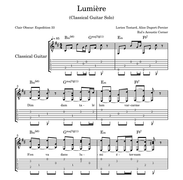 Lumière - Clair Obscur Expedition 33 - Lorien Testard, Alice Duport-Percier (Classical Guitar Solo PDF sheet music)