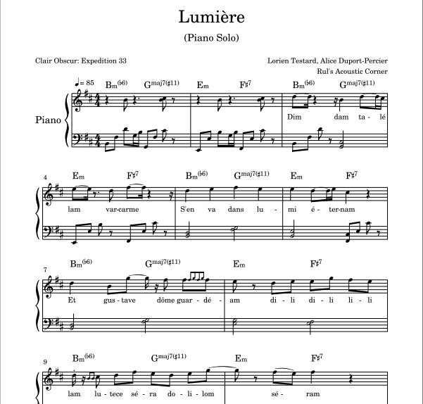 Lumière - Clair Obscur Expedition 33 - Lorien Testard, Alice Duport-Percier (Piano Solo PDF sheet music + Mp3 Audio)