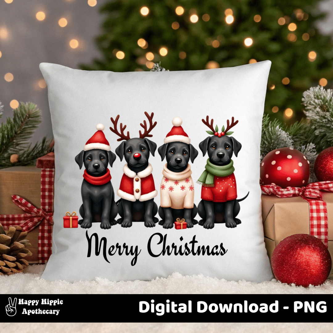 Decorative holiday pillow with black lab puppies in Christmas outfits – festive dog PNG sublimation file for throw pillows and home decor