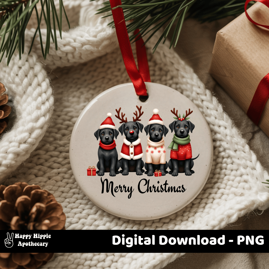 Round Christmas ornament with black lab puppies and "Merry Christmas" text – digital dog clipart for ornaments, gifts, and crafts