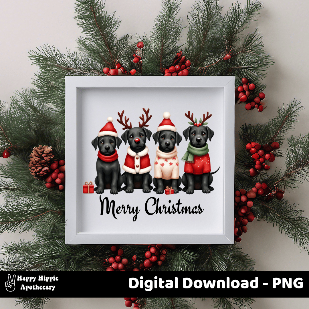 Framed wall art print of black lab puppies in holiday outfits – Christmas dog PNG digital download for seasonal decor and printable art