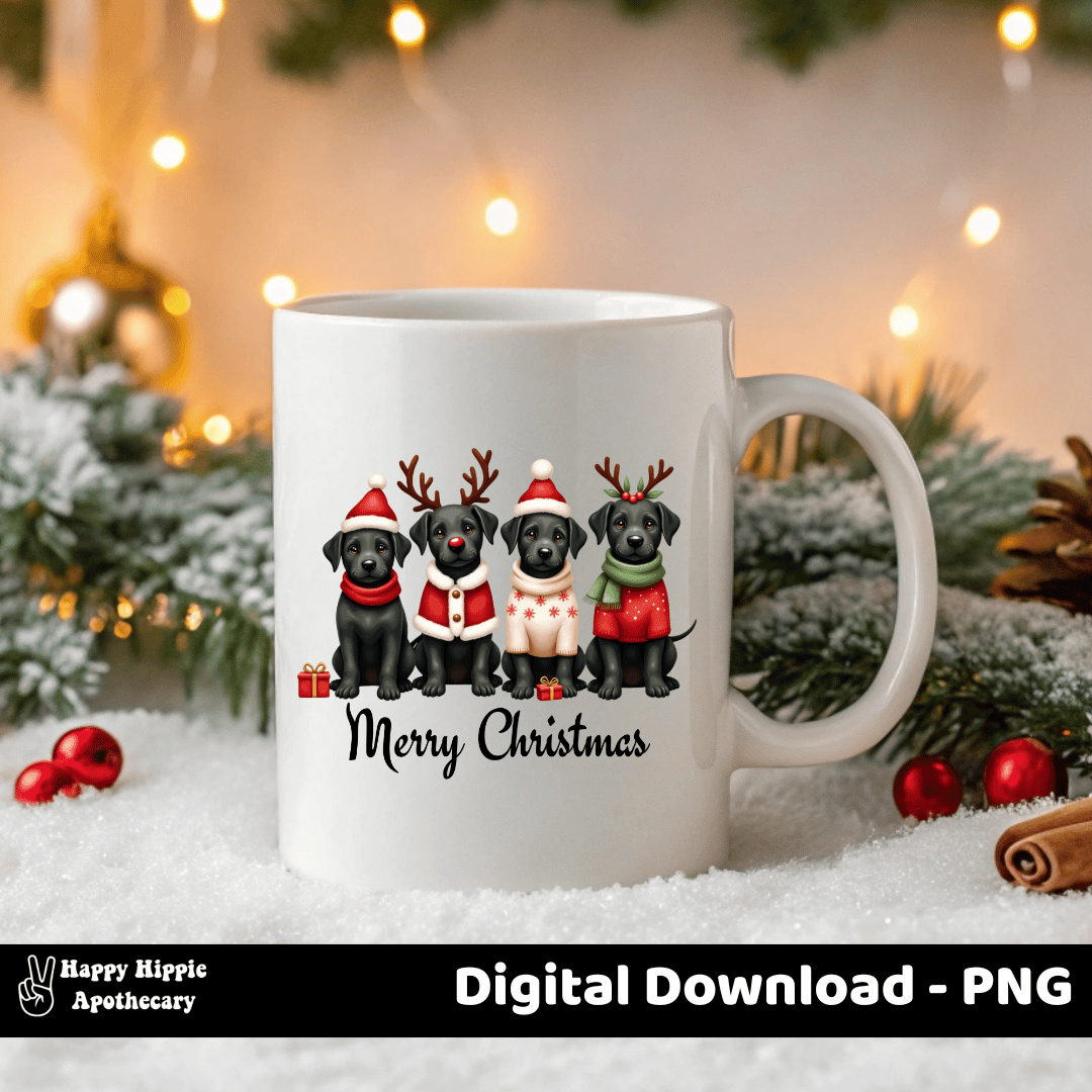 Black lab Merry Christmas PNG on coffee mug – digital sublimation design with festive holiday dogs for mugs and gifts