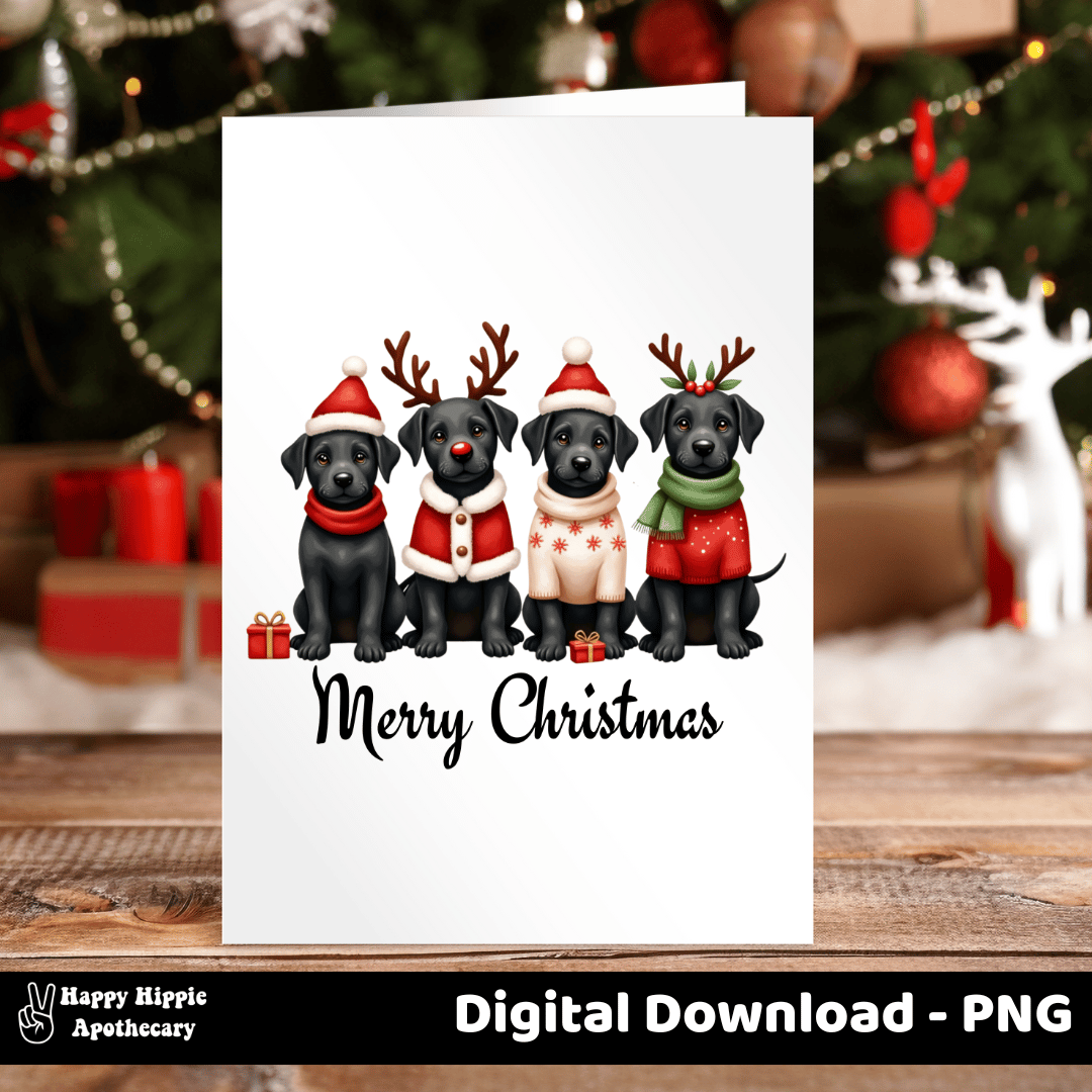 Christmas greeting card featuring four black labrador puppies in festive outfits with "Merry Christmas" text – holiday dog PNG for sublimation and printing
