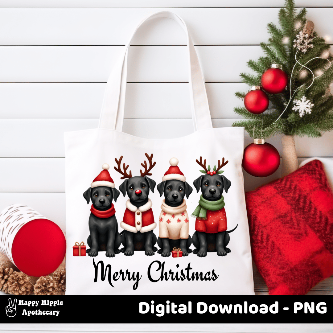 White tote bag featuring black lab Christmas PNG – digital festive dog design for sublimation bags, gifts, and holiday shopping accessories