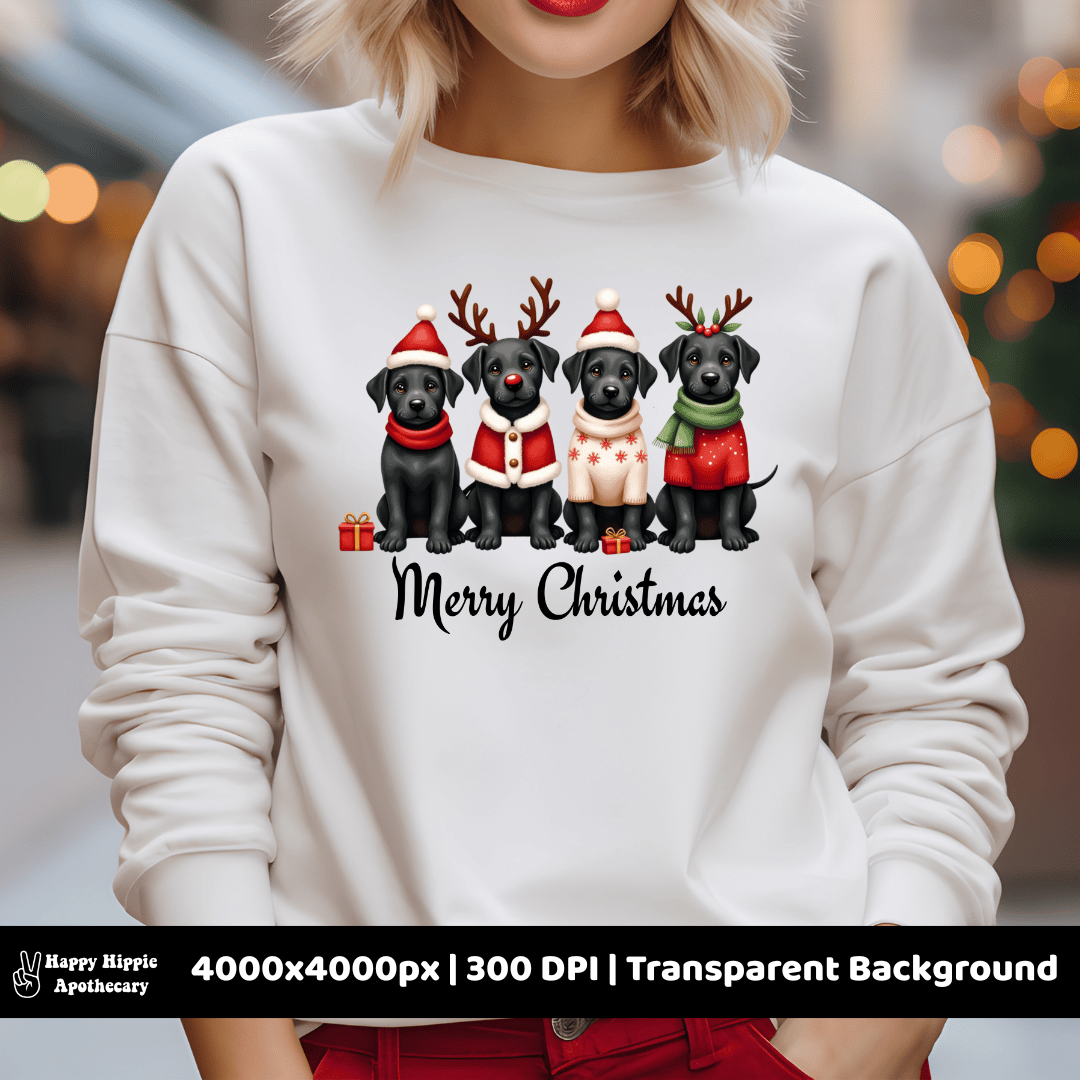 Christmas black lab dog PNG on white sweatshirt – festive pet sublimation design with Santa hats and sweaters, ideal for holiday apparel