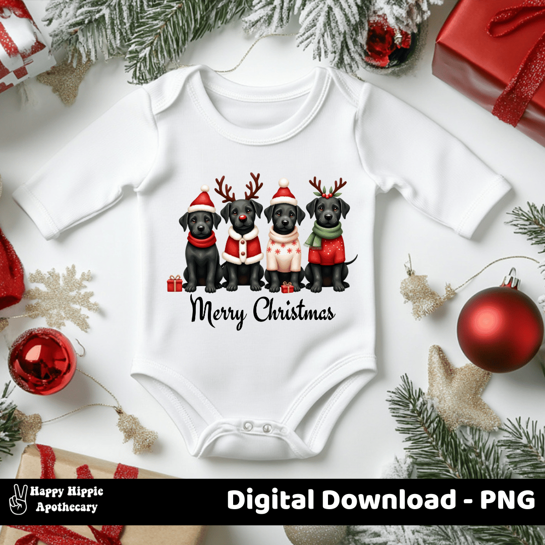 Christmas black lab PNG on baby onesie – cute festive puppy design for infant holiday outfits, sublimation or heat transfer printable