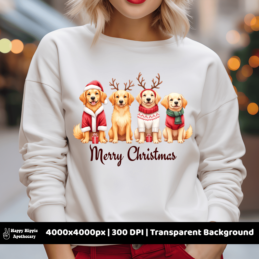 Golden retriever Christmas dog PNG on sweatshirt – festive sublimation design with Santa hats and sweaters for holiday apparel and gifts