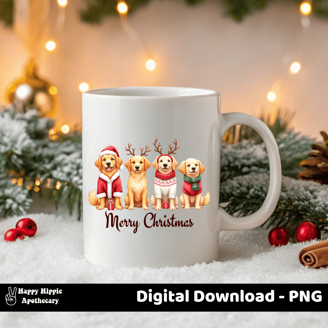 Golden retriever Merry Christmas PNG on coffee mug – digital dog clipart for sublimation, holiday gifts, mugs, and pet-themed products