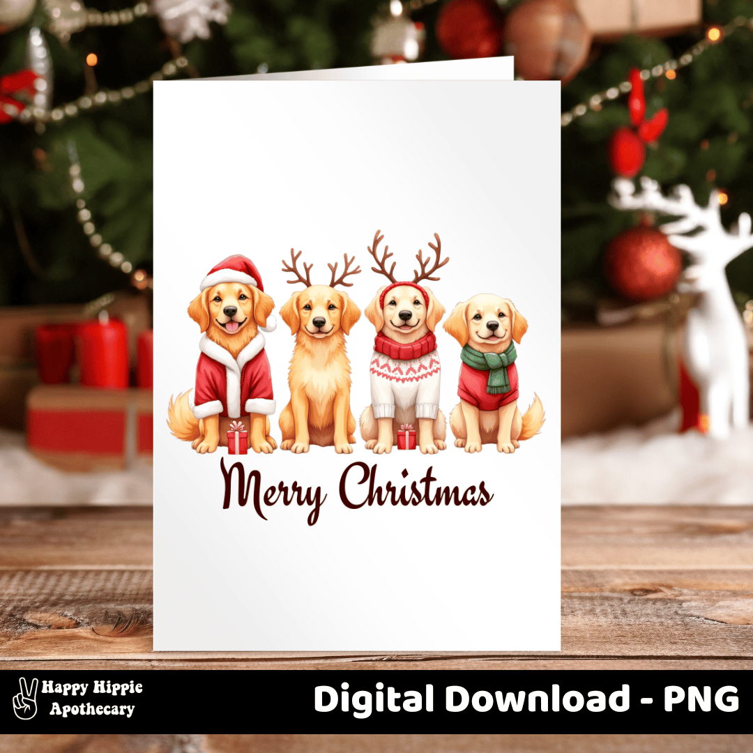 Christmas greeting card featuring golden retriever puppies in festive outfits with "Merry Christmas" text – digital holiday dog PNG for sublimation and printing