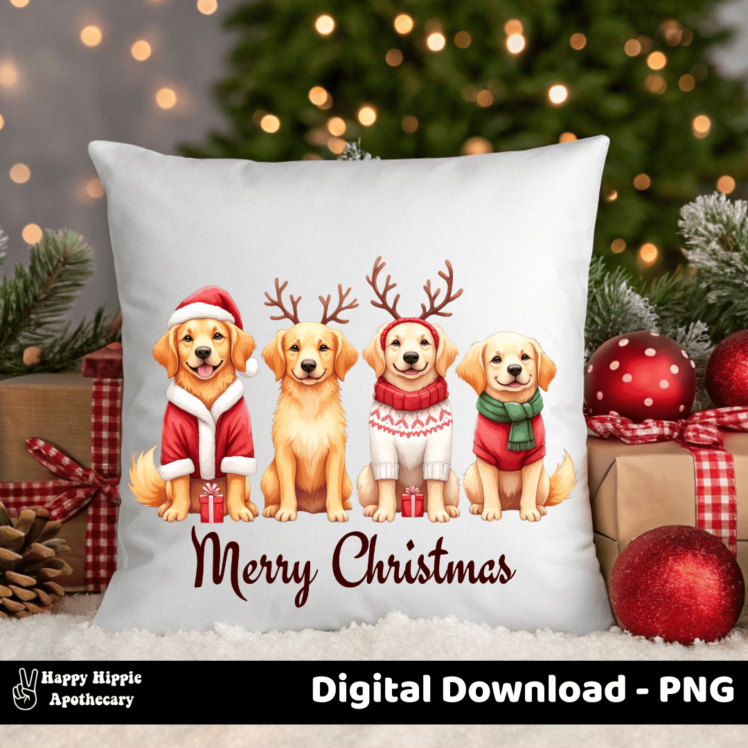 Holiday throw pillow with golden retriever puppies in Christmas outfits – sublimation PNG for pet lovers, festive decor, and cozy seasonal gifts