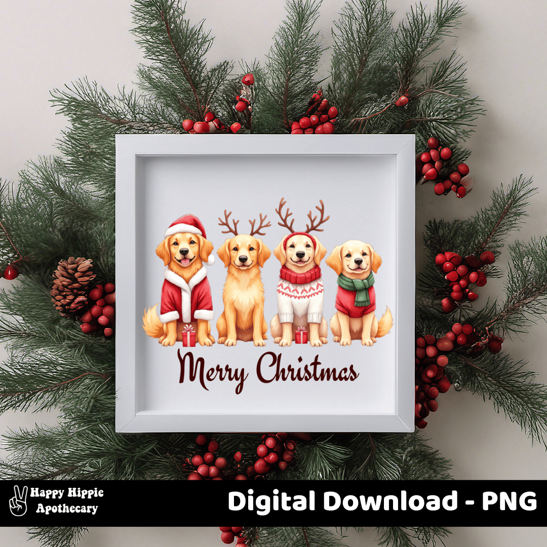 Framed Christmas print with golden retriever puppies and Merry Christmas text – digital dog PNG download for wall art and holiday decor
