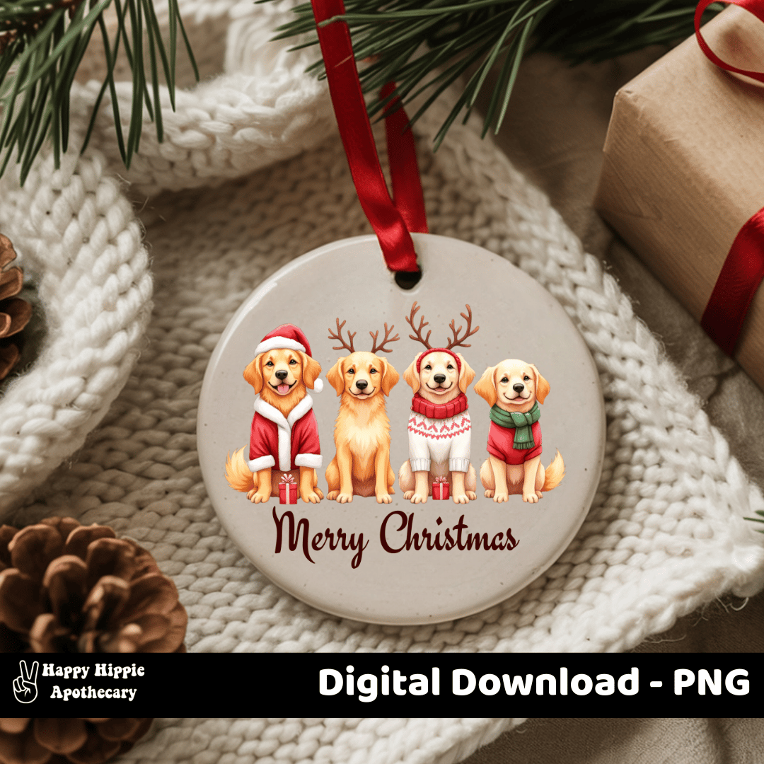 Christmas ornament featuring golden retriever PNG with festive puppies and Merry Christmas text – digital file for ornaments and seasonal crafts