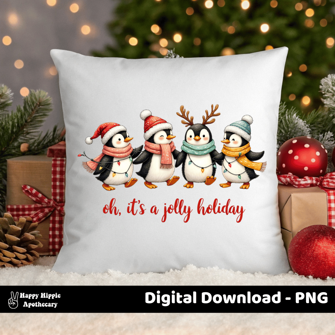 Cute penguin Christmas PNG on throw pillow – sublimation design with festive lights and “jolly holiday” quote for winter home decor