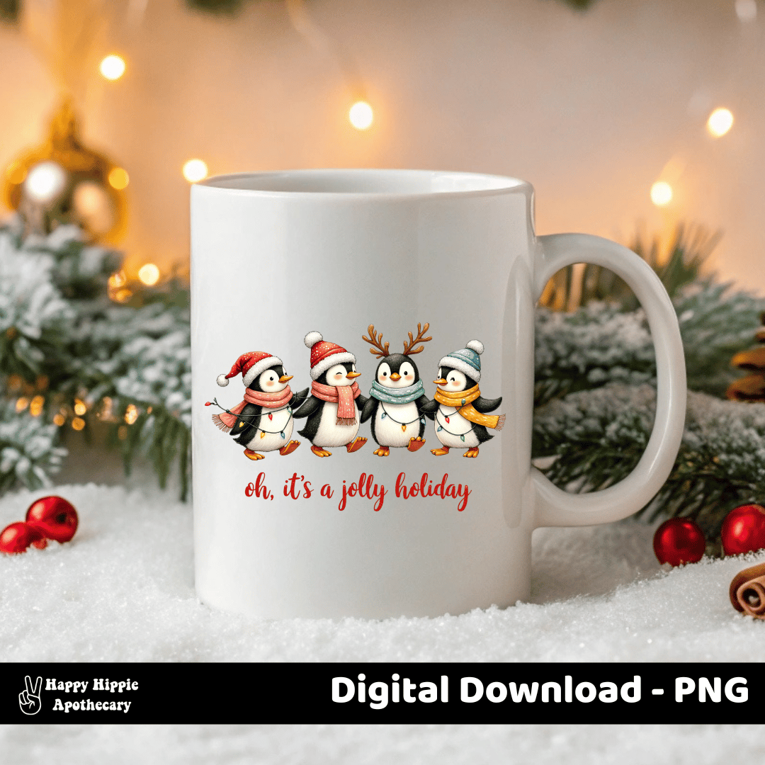 Christmas penguin PNG on coffee mug with holiday lights and scarves – cute festive sublimation design for mugs and seasonal gifts