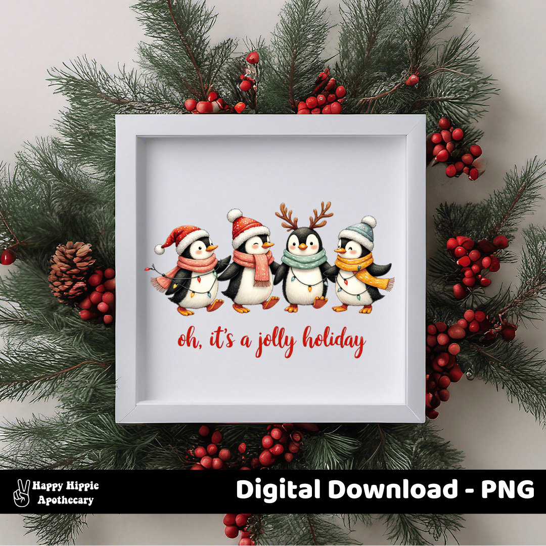 Framed Christmas penguin wall art with festive lights and “Oh, it’s a jolly holiday” text – digital PNG download for holiday decor