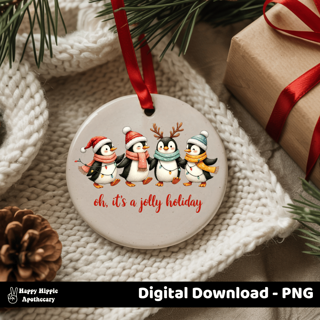 Round ceramic ornament with penguin Christmas PNG – digital download featuring festive penguins and “jolly holiday” message for crafts and gifts