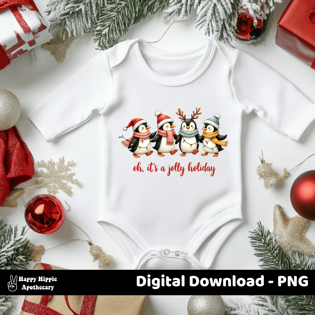 Christmas penguin PNG on baby onesie – adorable holiday sublimation design with lights and scarves for infant gifts and apparel