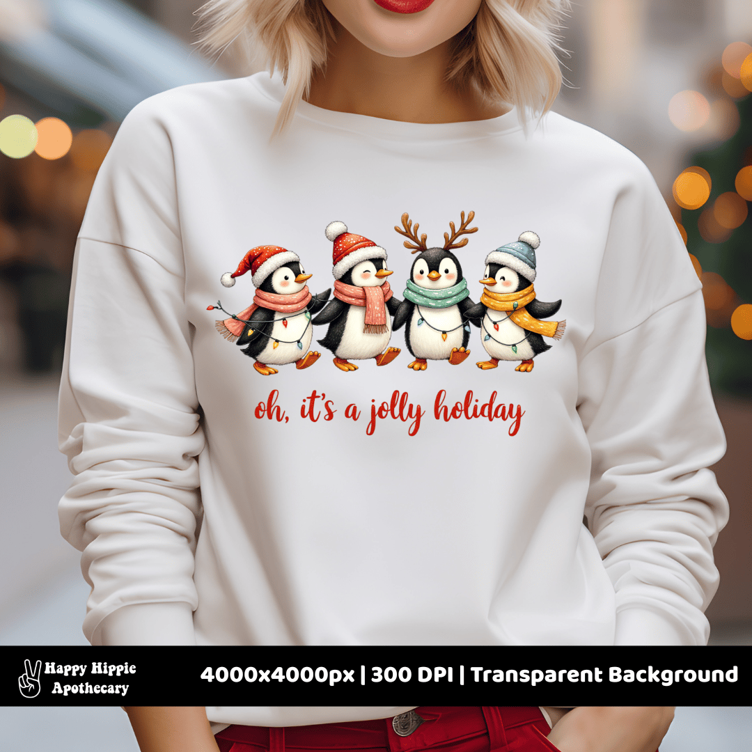 Festive penguin sublimation PNG on white sweatshirt – cute Christmas design with lights and quote for apparel and print-on-demand products