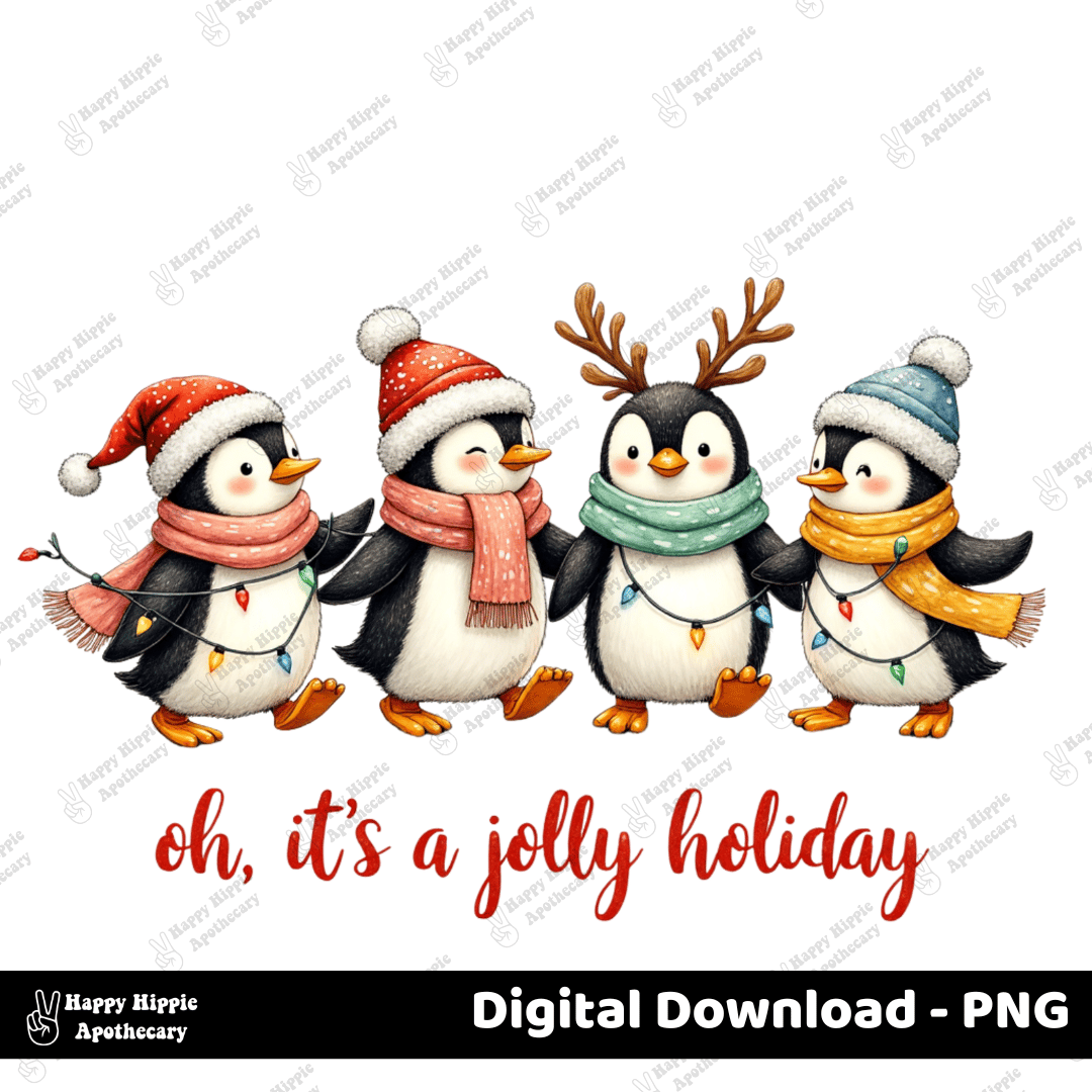 Christmas penguin clipart with lights, scarves, and holiday hats – high-resolution PNG digital download with transparent background