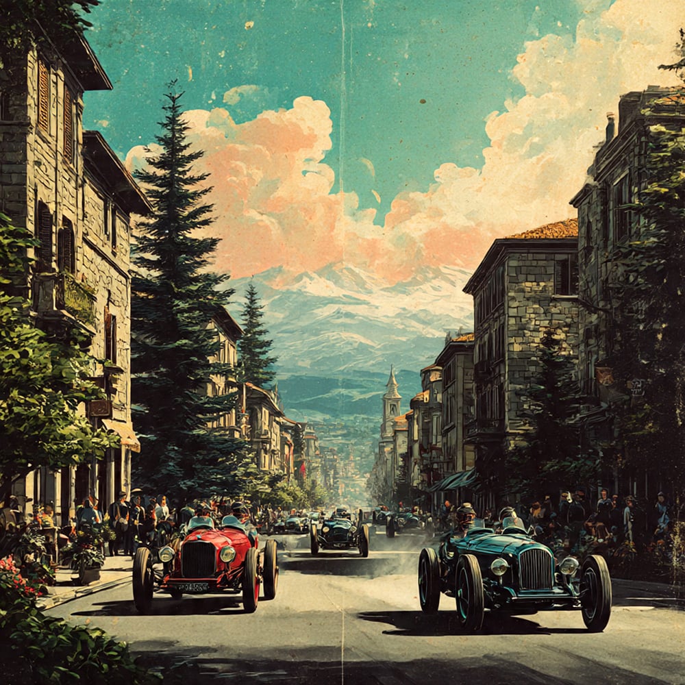 Vintage Car Race Through a Bustling Historic Street