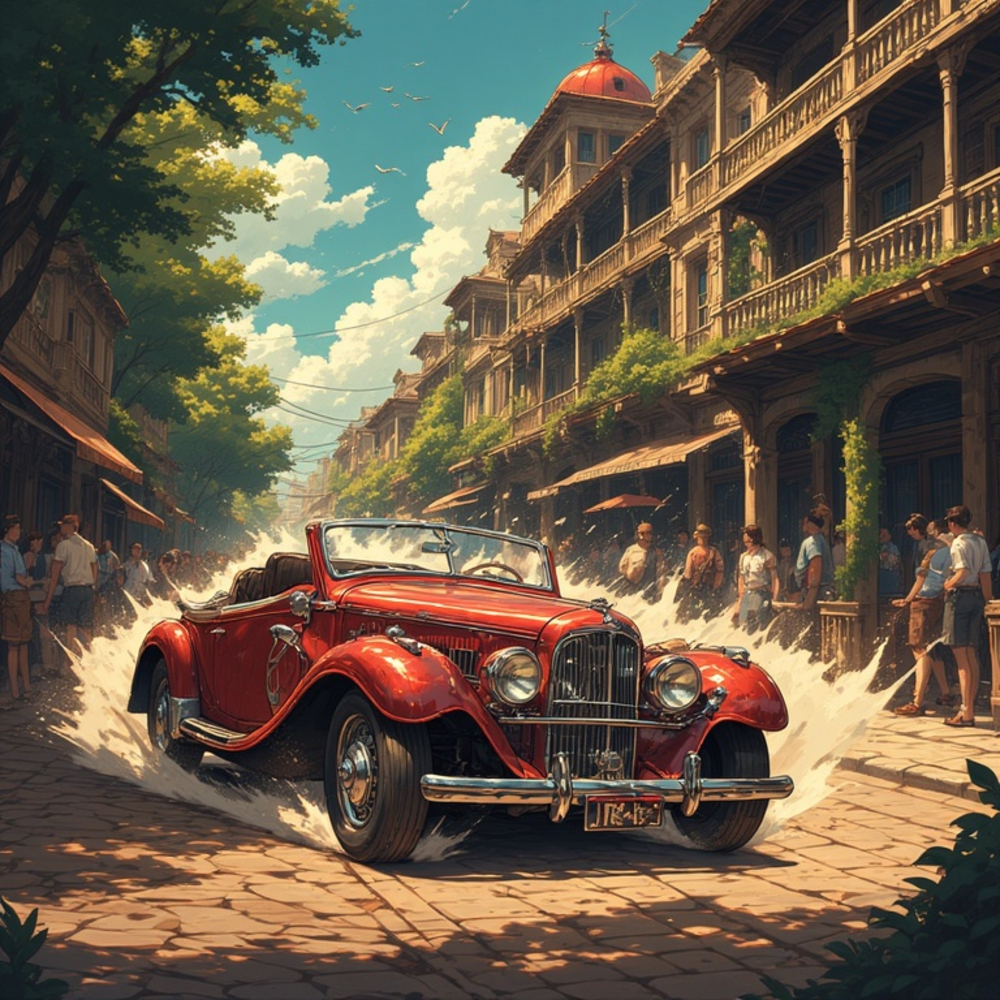 Vintage Car Race Through a Bustling Historic Street