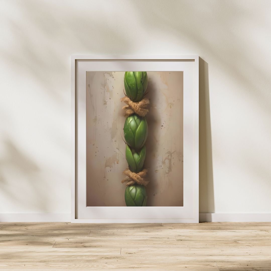 Abstract green botanical forms bound with natural twine against a soft beige textured background, symbolizing harmony and unity in nature-inspired minimalist art.
