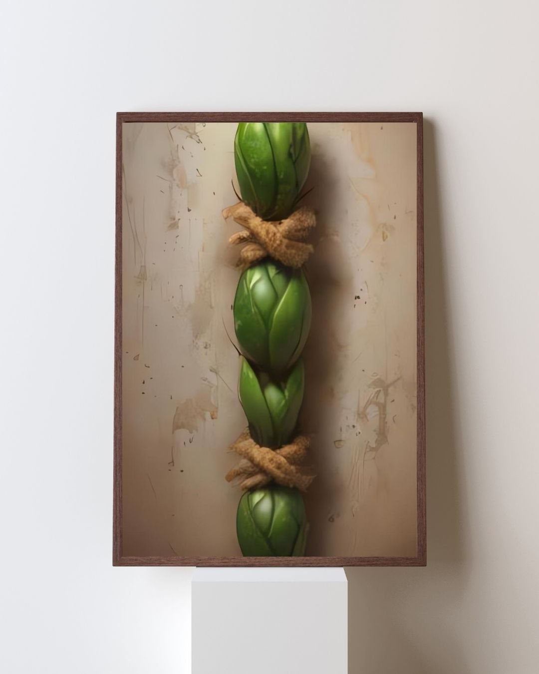 Abstract green botanical forms bound with natural twine against a soft beige textured background, symbolizing harmony and unity in nature-inspired minimalist art.