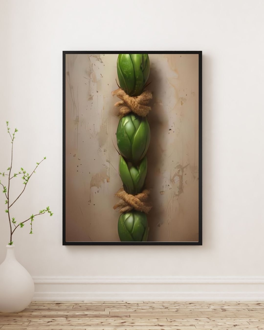 Abstract green botanical forms bound with natural twine against a soft beige textured background, symbolizing harmony and unity in nature-inspired minimalist art.