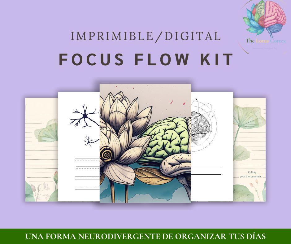 Portada del Focus Flow Kit en español, guia neurodivergente para mejorar la concentración y le bienestar femenino creada por The Lotus Cortex