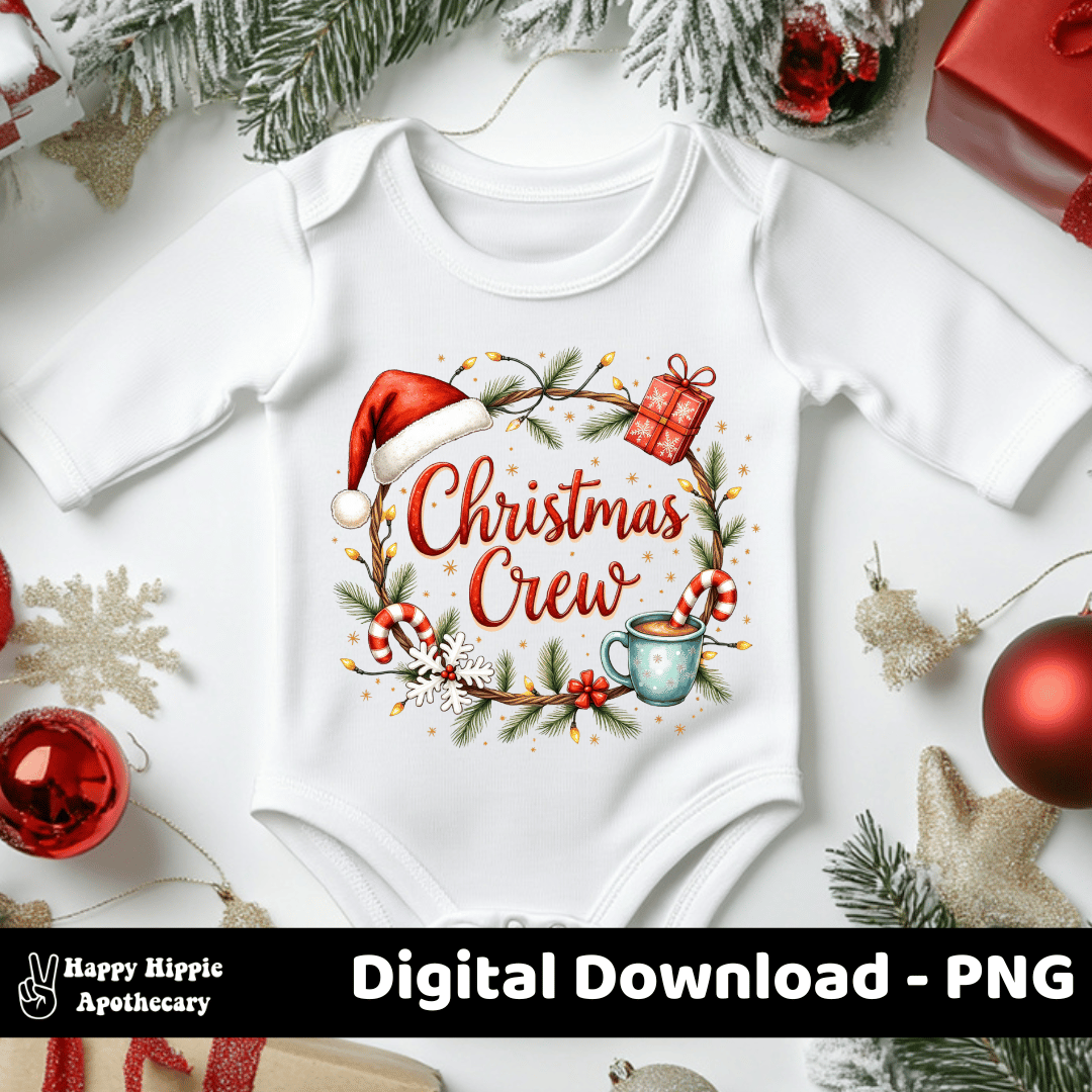 Christmas Crew PNG design on a white baby onesie surrounded by festive decorations, featuring Santa hat, lights, cocoa, and candy canes.