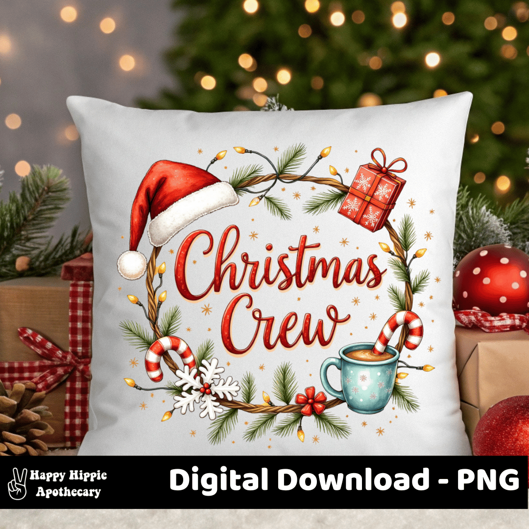 Christmas Crew PNG holiday design printed on a decorative pillow with Christmas tree and lights in the background, perfect for festive home decor.