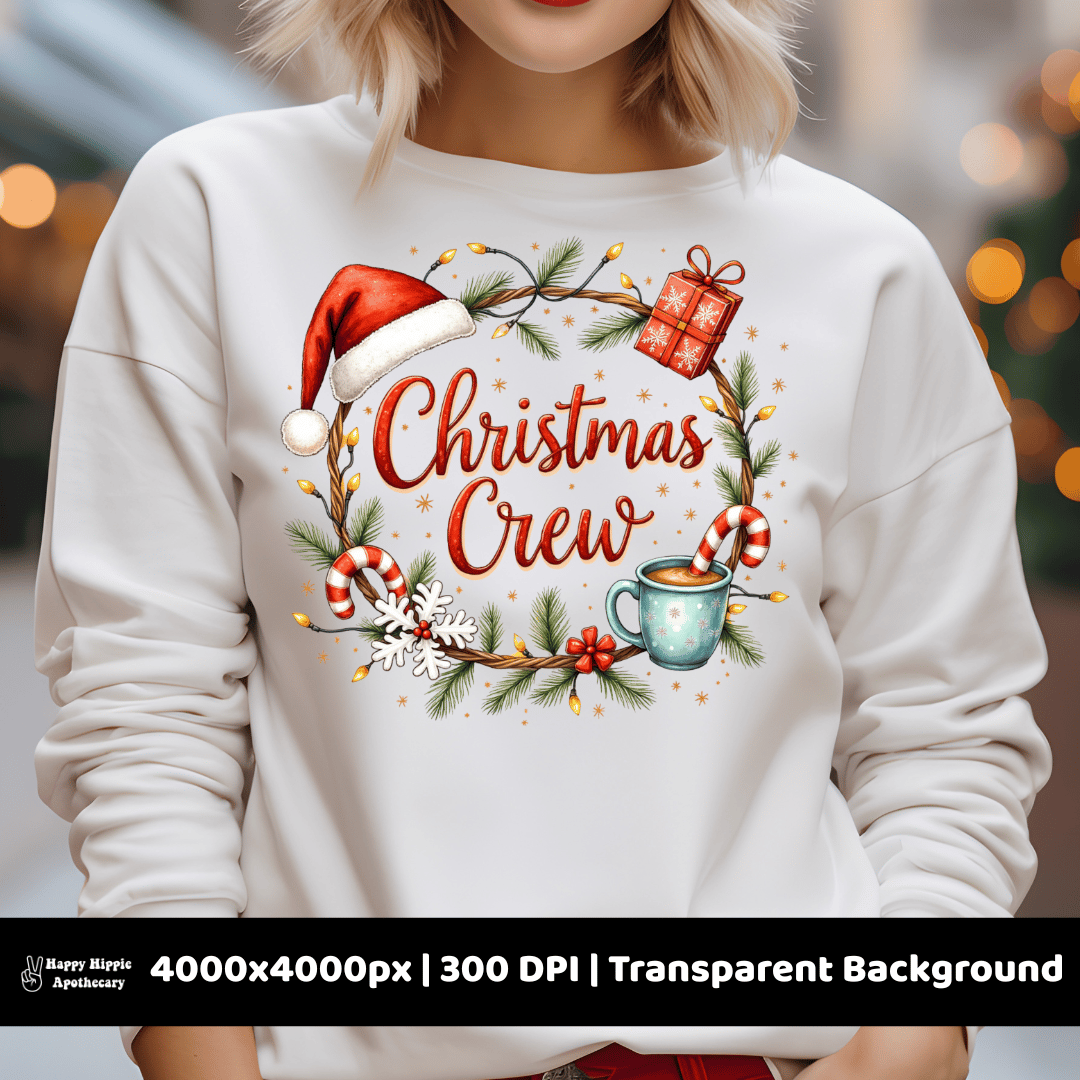 Christmas Crew design on a white sweatshirt mockup, showcasing high-resolution PNG artwork for sublimation or DIY holiday apparel.