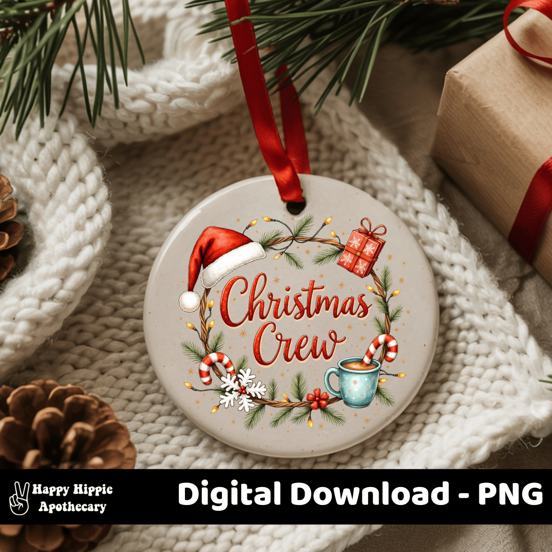 Christmas Crew PNG displayed on a round ceramic ornament with red ribbon, nestled in cozy knitwear and pine decor, ideal for custom tree decorations.